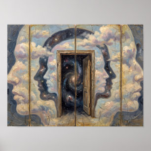 Surreal Cosmic Door Profile Faces Painting Poster