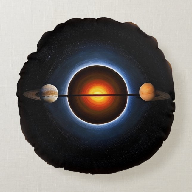 Surreal Cosmic Illustration Featuring Planets Round Pillow (Front)