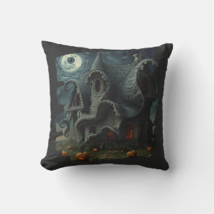 Surreal Creepy Haunted House with Pumpkins & Moon Throw Pillow
