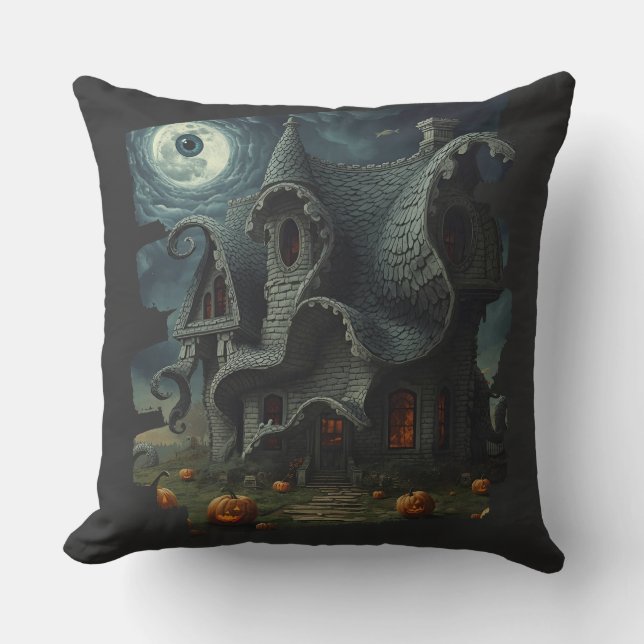 Surreal Creepy Haunted House with Pumpkins & Moon Throw Pillow (Front)