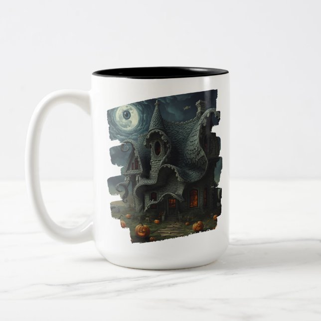 Surreal Creepy Haunted House with Pumpkins & Moon Two-Tone Coffee Mug (Left)