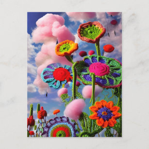 Surreal Crocheted Flowers and Pink Clouds Postcard