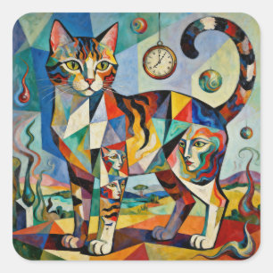Surreal Cubist Style Cat Art Square Sticker