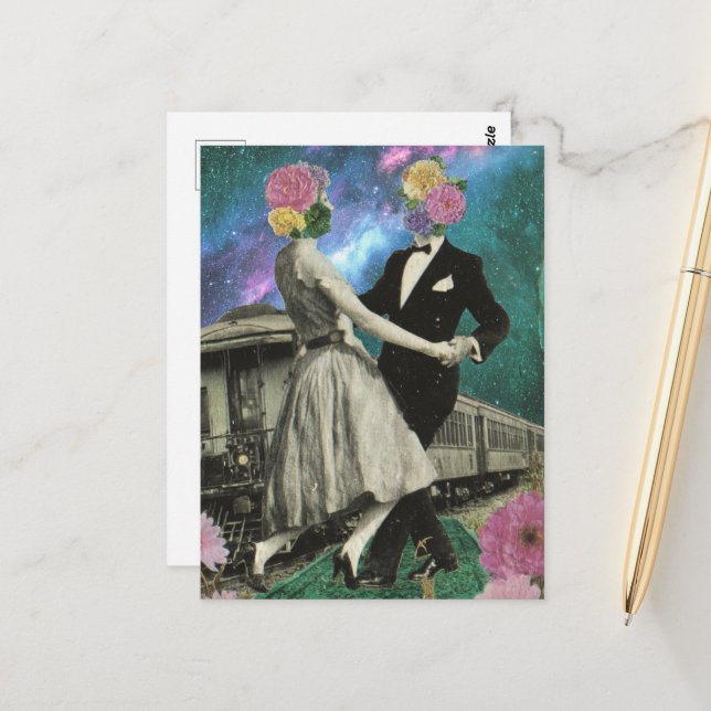 Surreal Dancing Flower People and a Train Postcard (Front/Back In Situ)