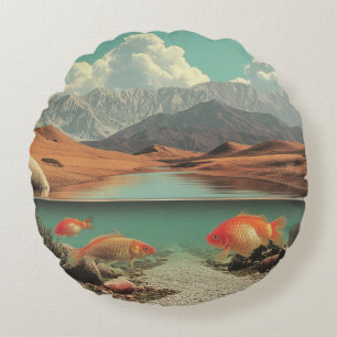 Surreal Desert and Lake with Goldfish Round Pillow