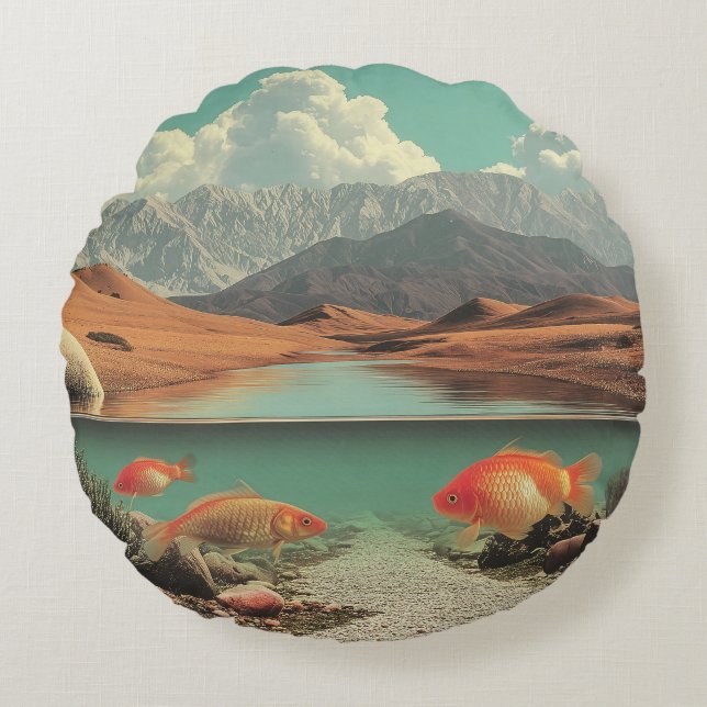 Surreal Desert and Lake with Goldfish Round Pillow (Front)