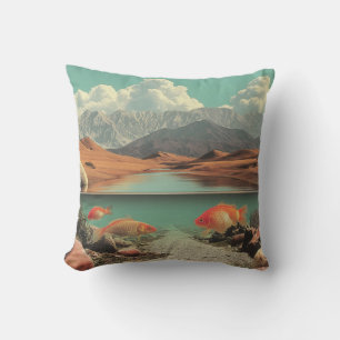 Surreal Desert and Lake with Goldfish Throw Pillow