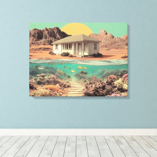 Surreal Desert House with Underwater Reef Canvas Print (Insitu(Wood Floor))