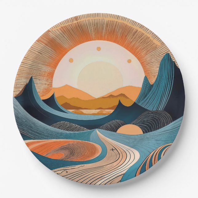 Surreal Desert Sunset Abstract Paper Plate (Front)