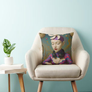 Surreal DJ Girl Psychedelic Futuristic Art Design Throw Pillow