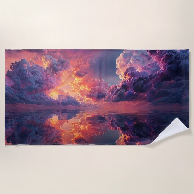 Surreal Dramatic Clouds With Fiery Sunset Beach Towel (Front)
