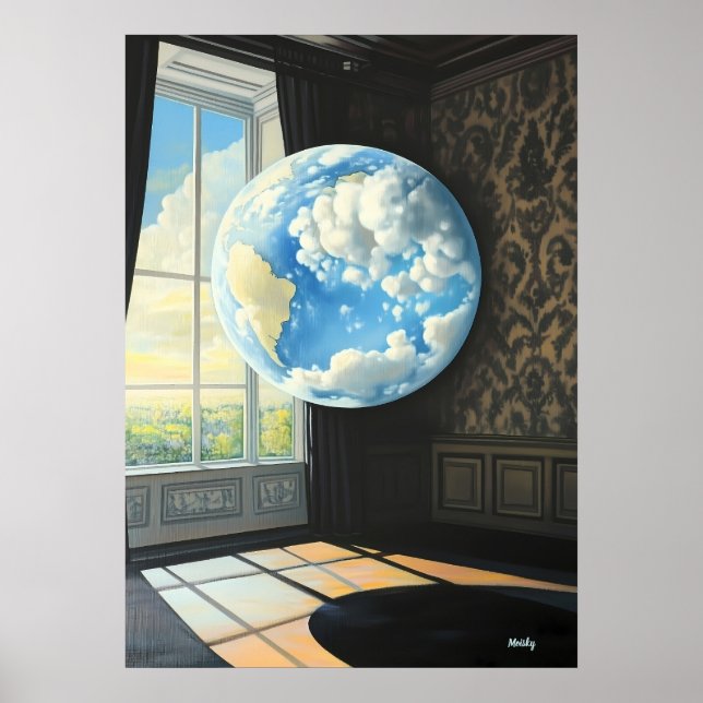 Surreal Dreamscape of Floating Earth in Room Poster (Front)
