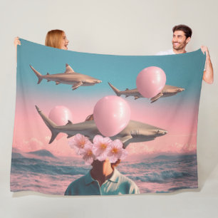Surreal Dreamscape with Sharks and Balloons Fleece Blanket