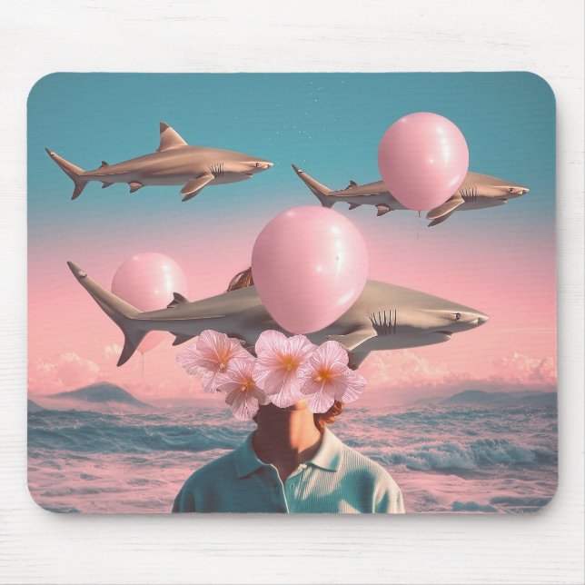 Surreal Dreamscape with Sharks and Balloons Mouse Pad (Front)
