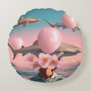 Surreal Dreamscape with Sharks and Balloons Round Pillow