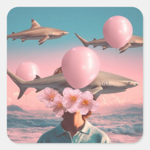 Surreal Dreamscape with Sharks and Balloons Square Sticker