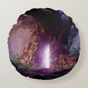 Surreal Enchanted Tree With Glowing Portal Round Pillow