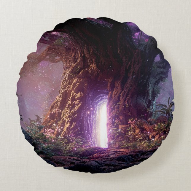 Surreal Enchanted Tree With Glowing Portal Round Pillow (Front)