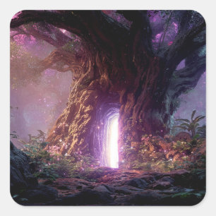 Surreal Enchanted Tree With Glowing Portal Square Sticker