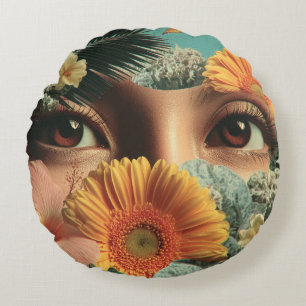 Surreal Eyes and Flowers with Butterflies Round Pillow