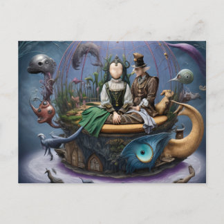 Surreal Faceless Girl on a Magic Boat Postcard
