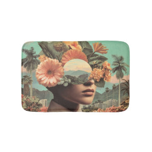 Surreal Female Portrait with Floral Elements Bath Mat