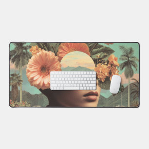 Surreal Female Portrait with Floral Elements Desk Mat