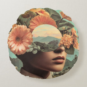 Surreal Female Portrait with Floral Elements Round Pillow