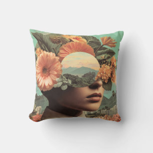 Surreal Female Portrait with Floral Elements Throw Pillow