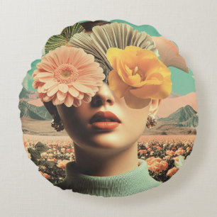 Surreal Female Portrait With Flowers Covering Eyes Round Pillow