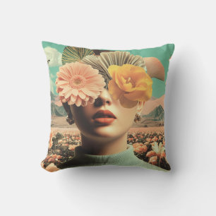 Surreal Female Portrait With Flowers Covering Eyes Throw Pillow