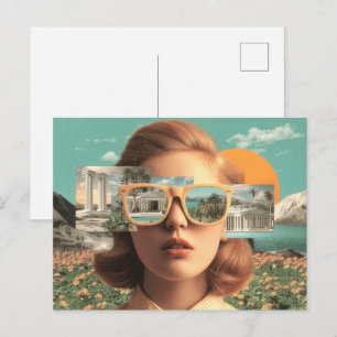 Surreal female portrait with retro sunglasses postcard