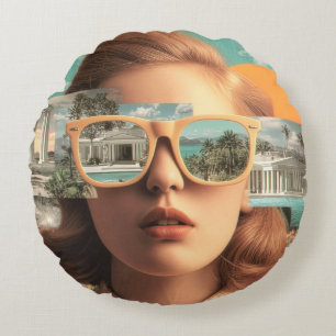 Surreal female portrait with retro sunglasses round pillow