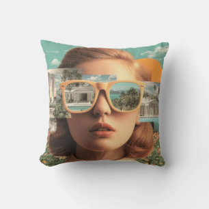 Surreal female portrait with retro sunglasses throw pillow