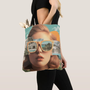 Surreal female portrait with retro sunglasses tote bag