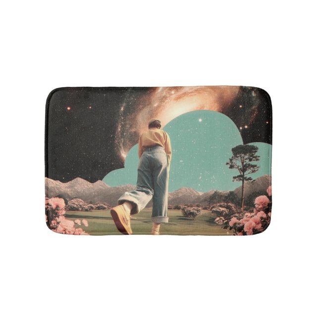 Surreal figure walking into galaxy gateway bath mat (Front)