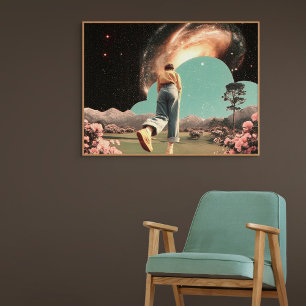 Surreal figure walking into galaxy gateway poster