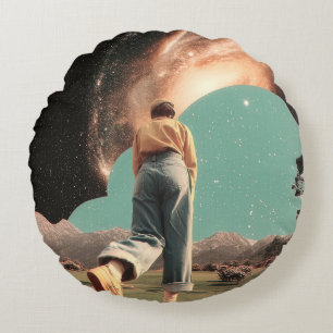 Surreal figure walking into galaxy gateway round pillow