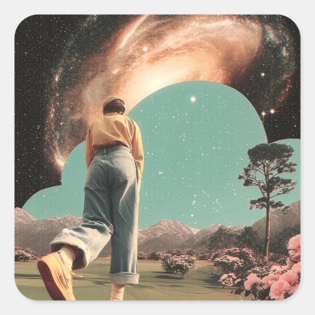 Surreal figure walking into galaxy gateway square sticker (Front)