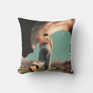 Surreal figure walking into galaxy gateway throw pillow