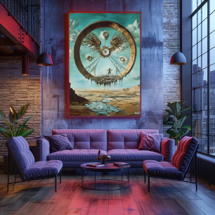 Surreal Floating Circular Structure with Abstract  Poster