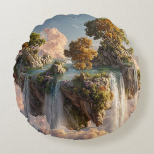 Surreal Floating Cliffs With Waterfalls Round Pillow
