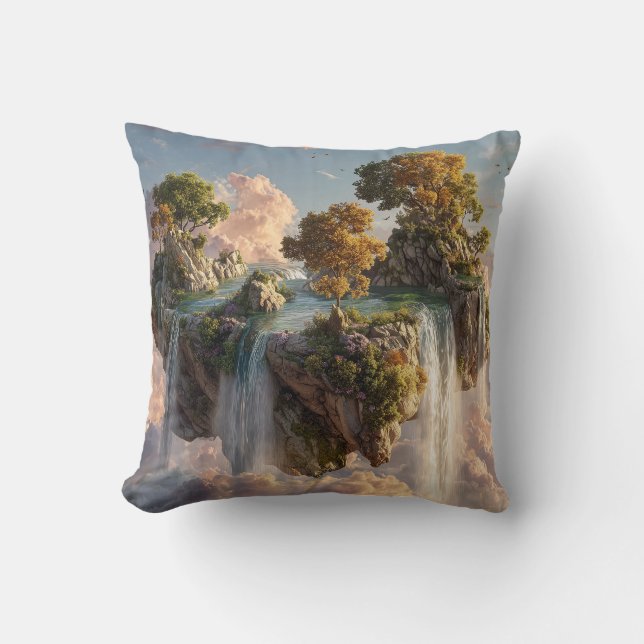 Surreal Floating Cliffs With Waterfalls Throw Pillow (Front)