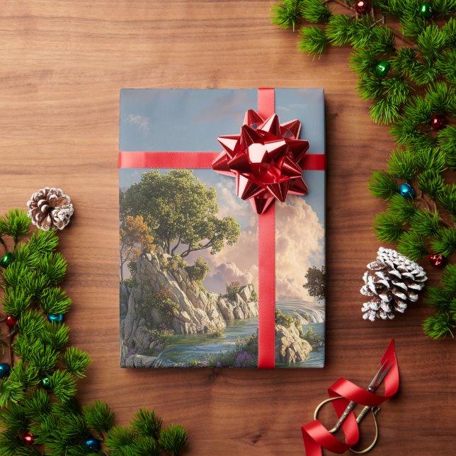 Surreal Floating Cliffs With Waterfalls Wrapping Paper (Holiday Gift)