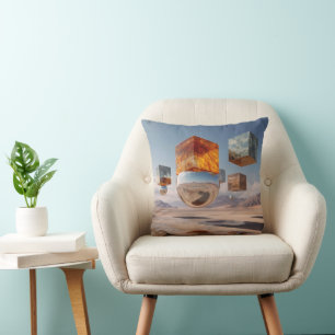 Surreal Floating Cubes And Reflective Sphere Throw Pillow