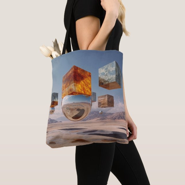 Surreal Floating Cubes And Reflective Sphere Tote Bag (Close Up)