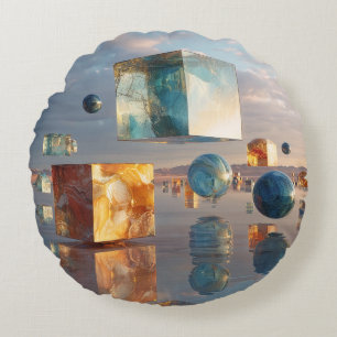 Surreal Floating Cubes And Spheres Round Pillow