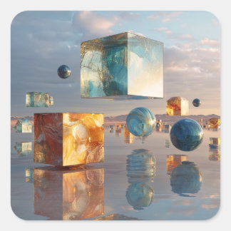 Surreal Floating Cubes And Spheres Square Sticker