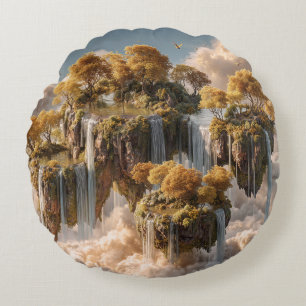 Surreal Floating Islands With Golden Trees Round Pillow