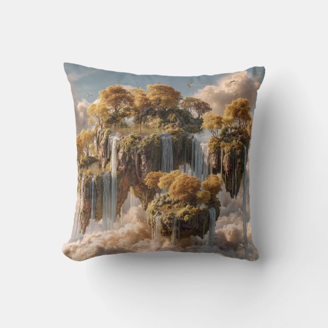 Surreal Floating Islands With Golden Trees Throw Pillow (Front)